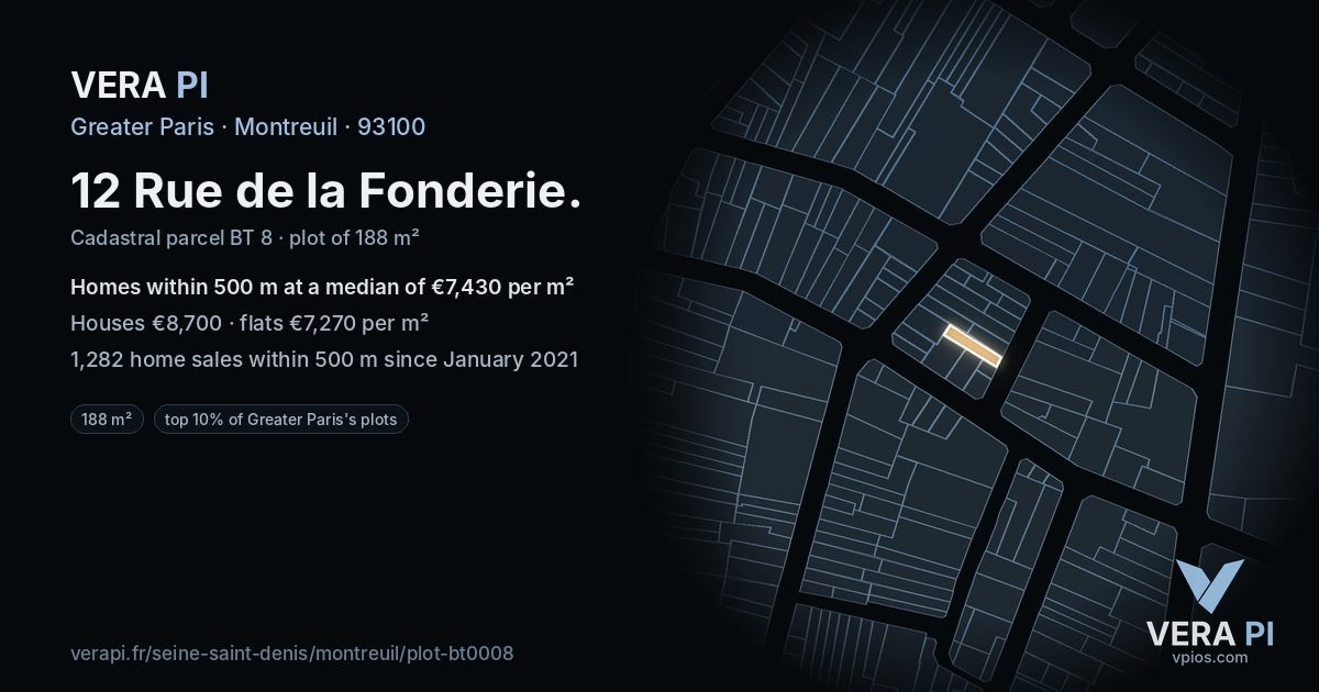 12 Rue de la Fonderie, Montreuil at night – the plot lit, the parcels around coloured by the prices near them