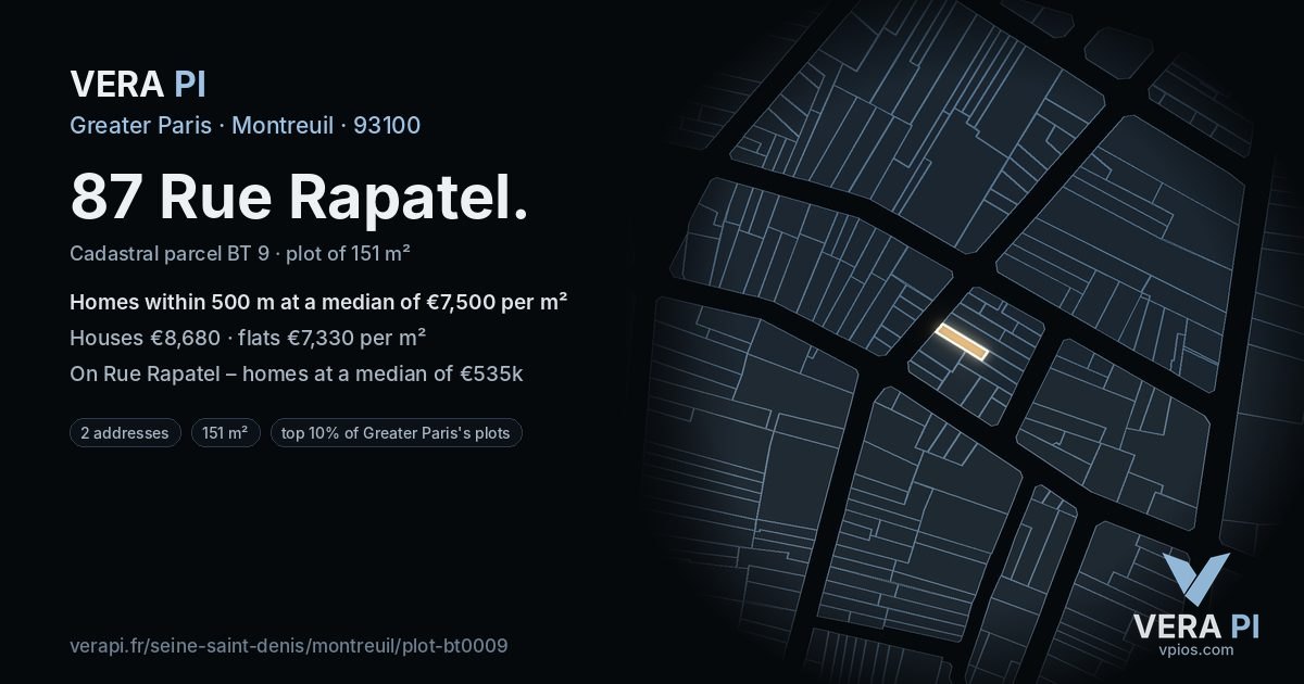 87 Rue Rapatel, Montreuil at night – the plot lit, the parcels around coloured by the prices near them