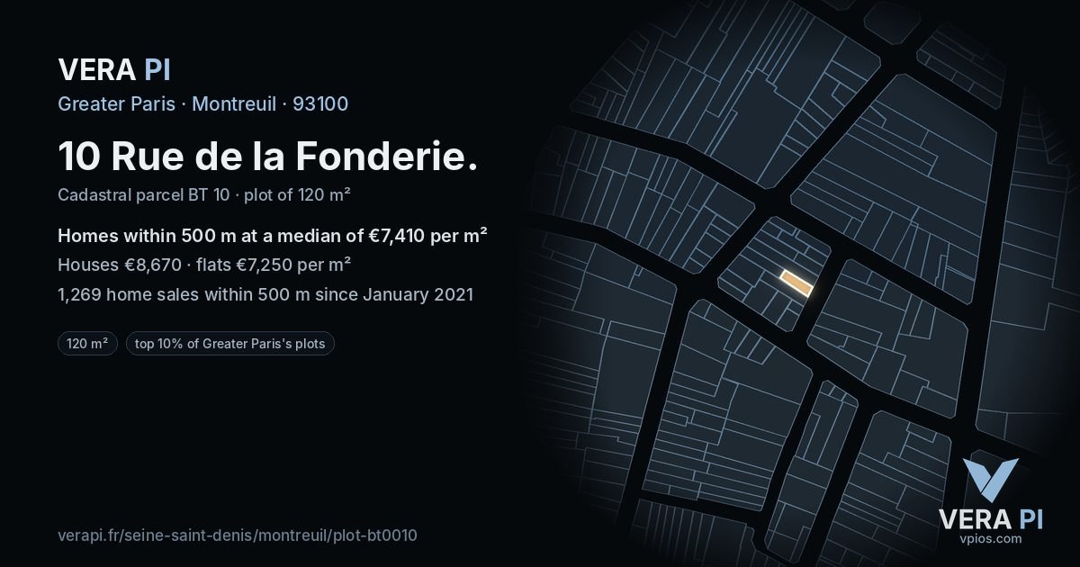 10 Rue de la Fonderie, Montreuil at night – the plot lit, the parcels around coloured by the prices near them