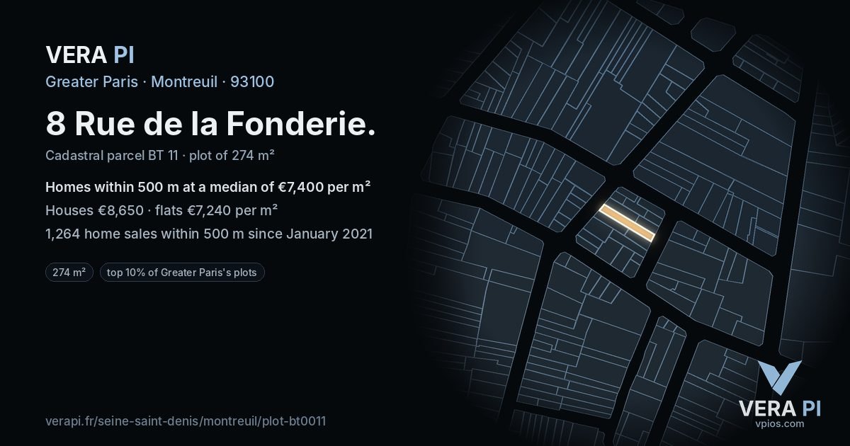 8 Rue de la Fonderie, Montreuil at night – the plot lit, the parcels around coloured by the prices near them