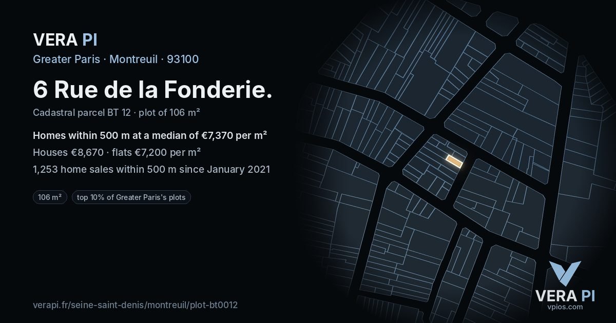 6 Rue de la Fonderie, Montreuil at night – the plot lit, the parcels around coloured by the prices near them