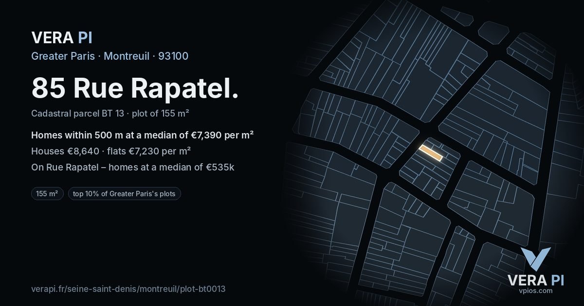 85 Rue Rapatel, Montreuil at night – the plot lit, the parcels around coloured by the prices near them