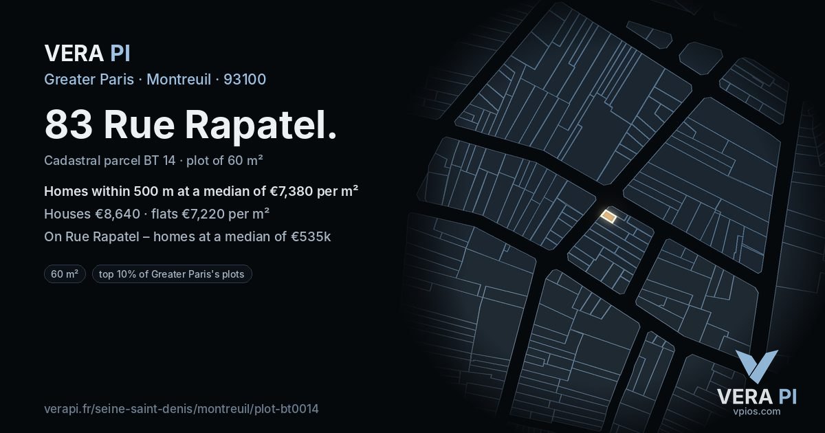 83 Rue Rapatel, Montreuil at night – the plot lit, the parcels around coloured by the prices near them