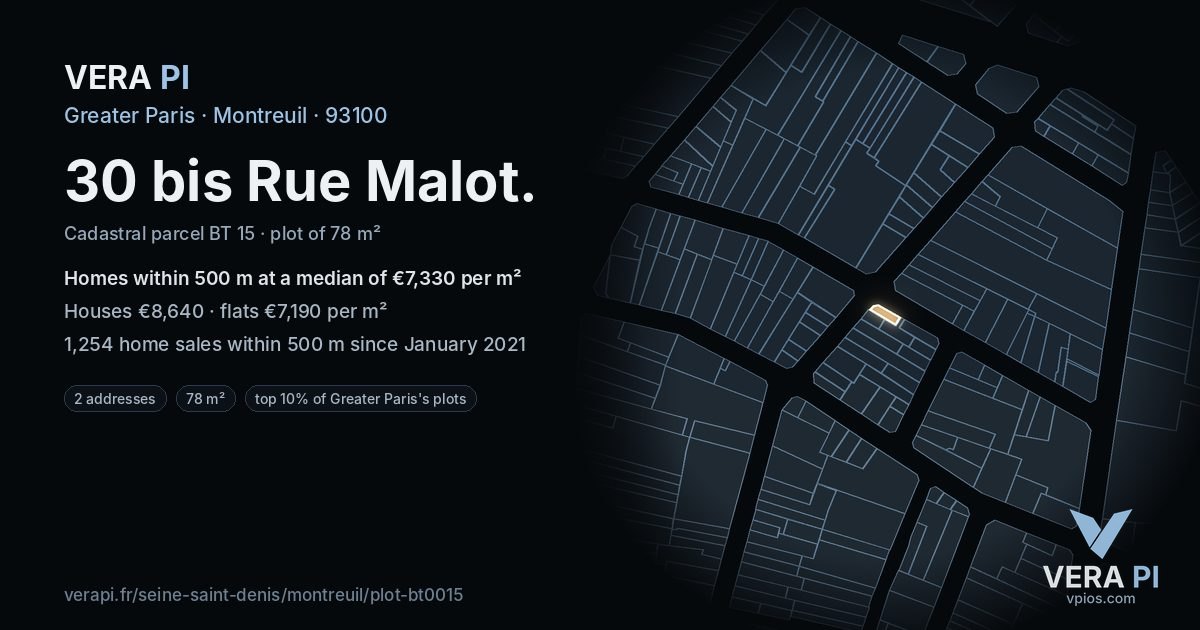 30 bis Rue Malot, Montreuil at night – the plot lit, the parcels around coloured by the prices near them