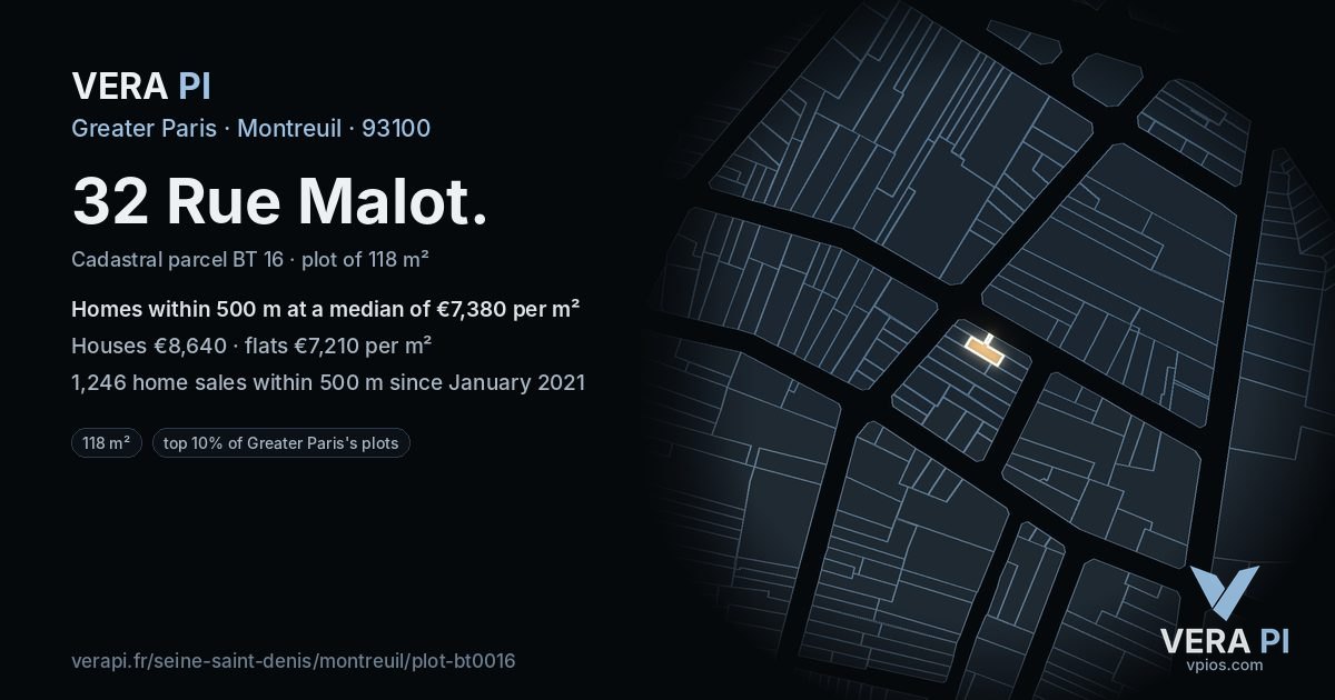 32 Rue Malot, Montreuil at night – the plot lit, the parcels around coloured by the prices near them