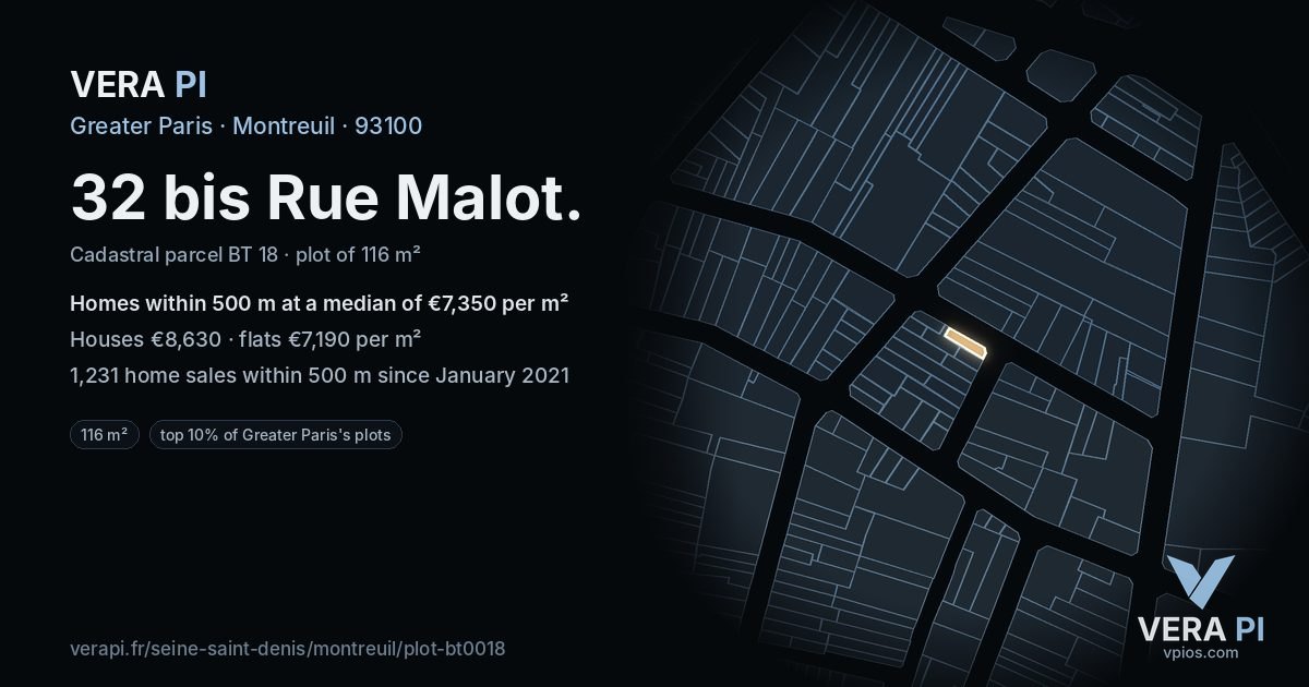 32 bis Rue Malot, Montreuil at night – the plot lit, the parcels around coloured by the prices near them