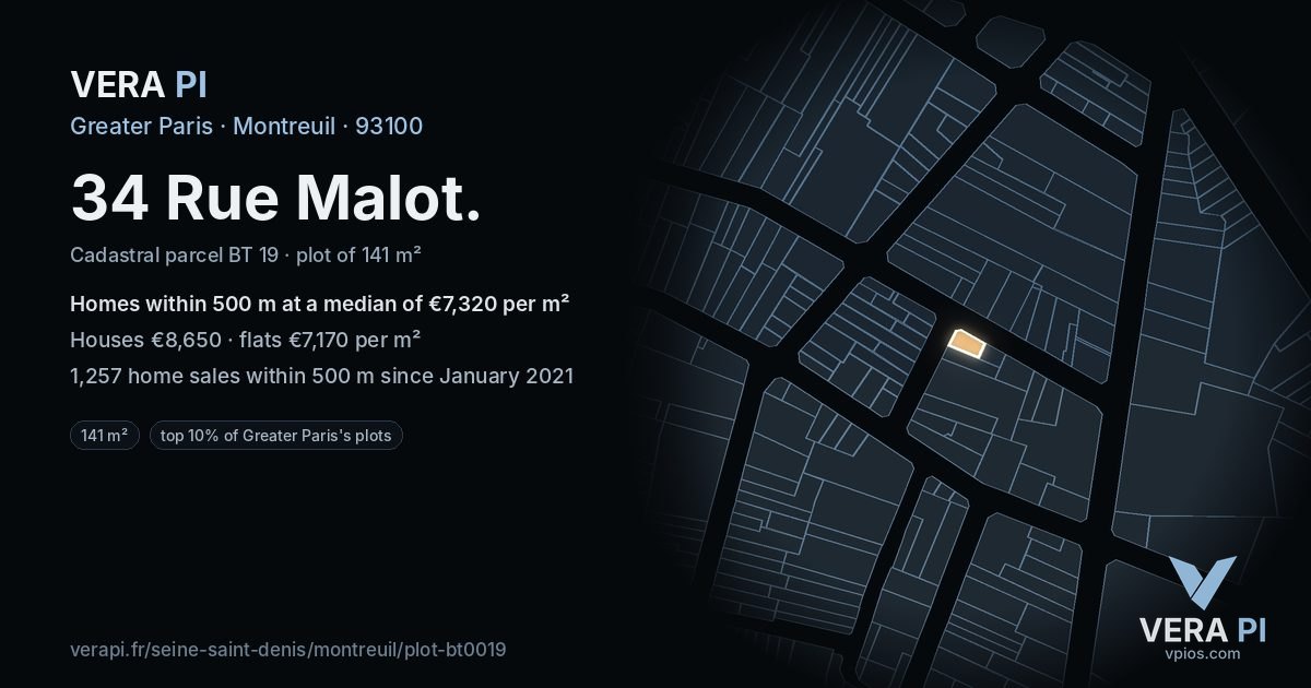 34 Rue Malot, Montreuil at night – the plot lit, the parcels around coloured by the prices near them
