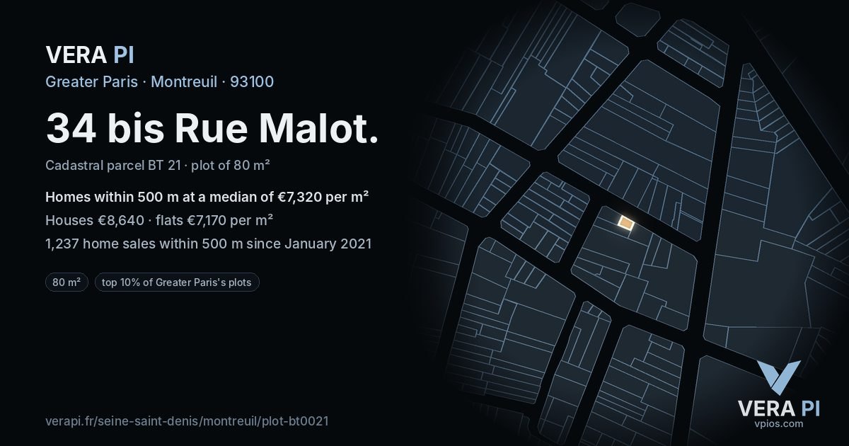 34 bis Rue Malot, Montreuil at night – the plot lit, the parcels around coloured by the prices near them