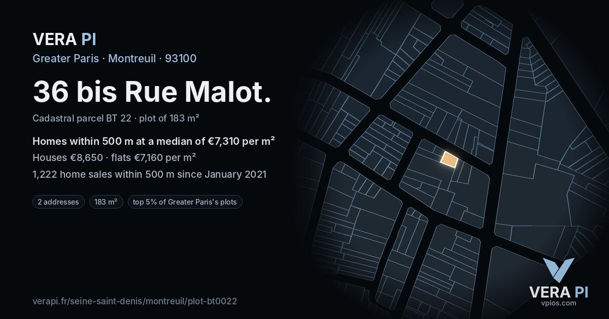 36 bis Rue Malot, Montreuil at night – the plot lit, the parcels around coloured by the prices near them