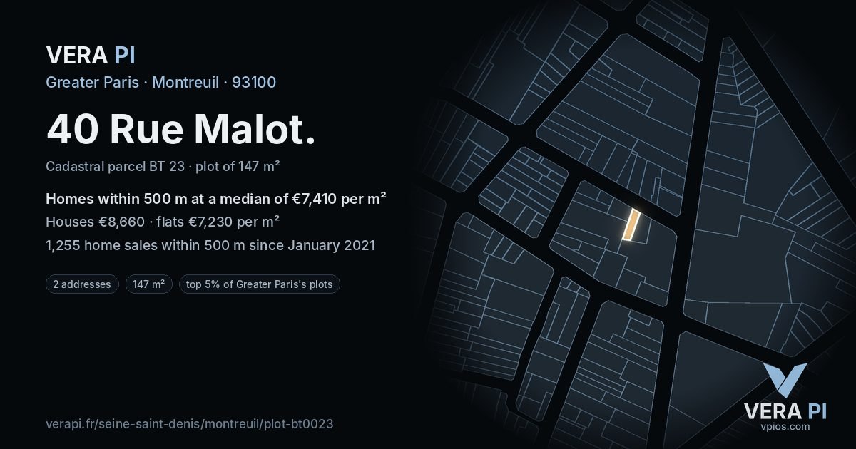 40 Rue Malot, Montreuil at night – the plot lit, the parcels around coloured by the prices near them