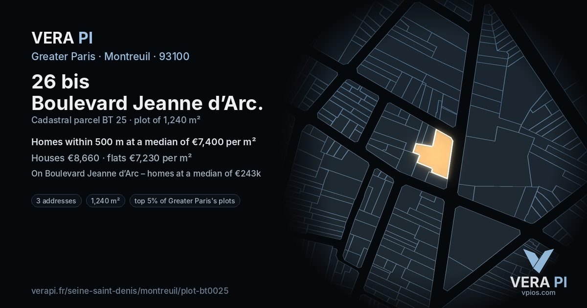 26 bis Boulevard Jeanne d’Arc, Montreuil at night – the plot lit, the parcels around coloured by the prices near them