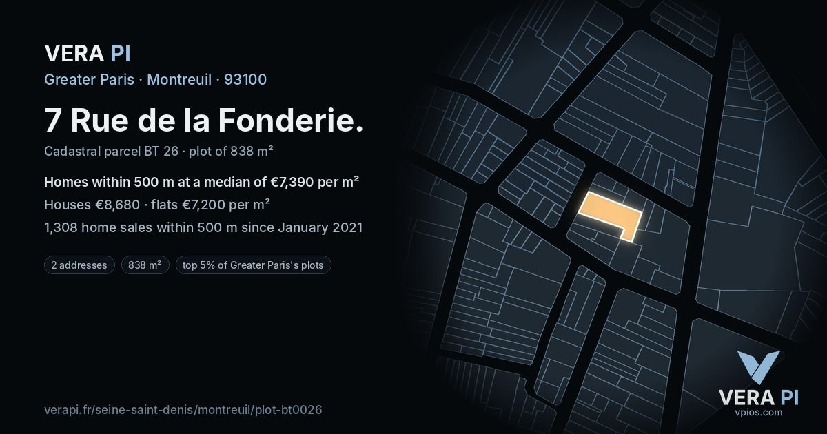 7 Rue de la Fonderie, Montreuil at night – the plot lit, the parcels around coloured by the prices near them