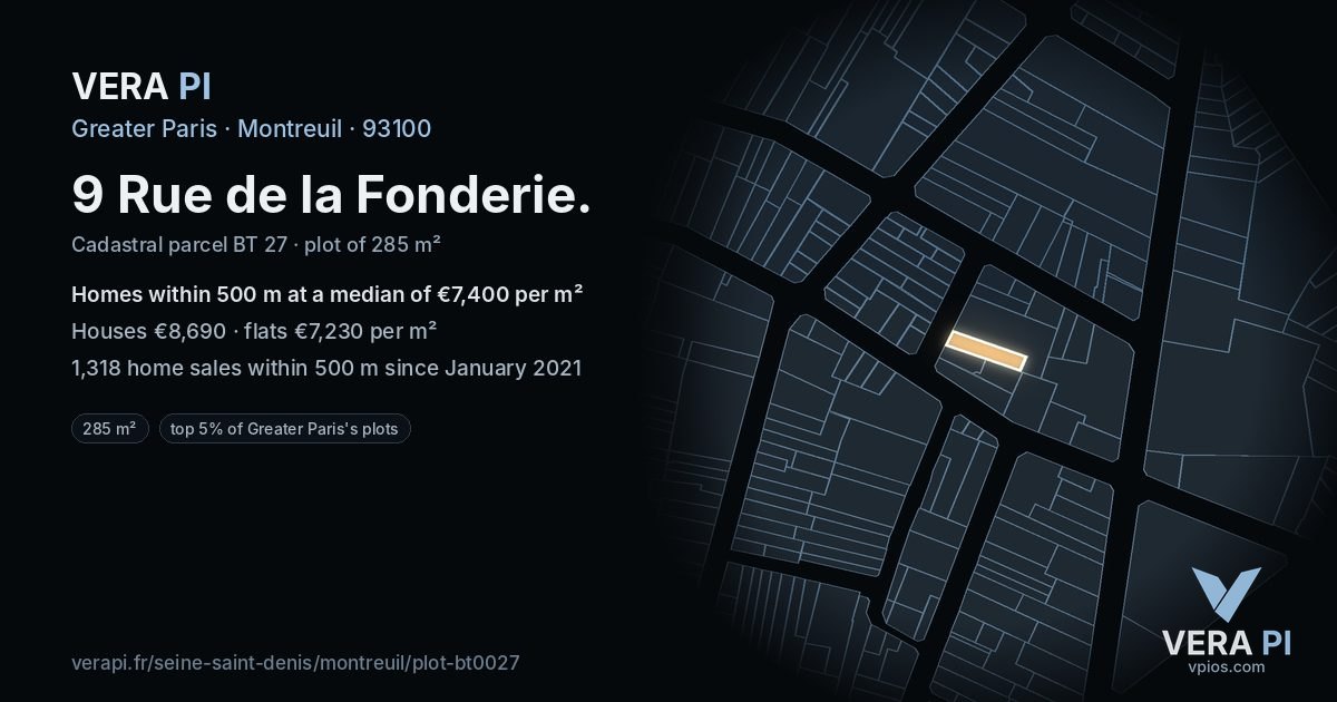 9 Rue de la Fonderie, Montreuil at night – the plot lit, the parcels around coloured by the prices near them