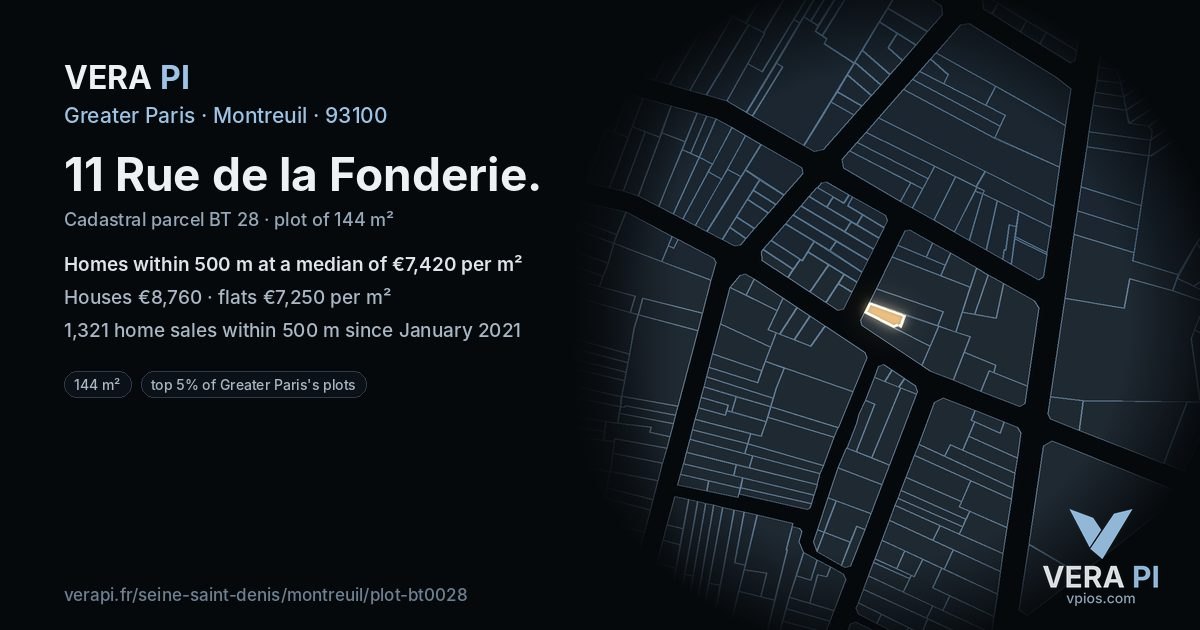 11 Rue de la Fonderie, Montreuil at night – the plot lit, the parcels around coloured by the prices near them