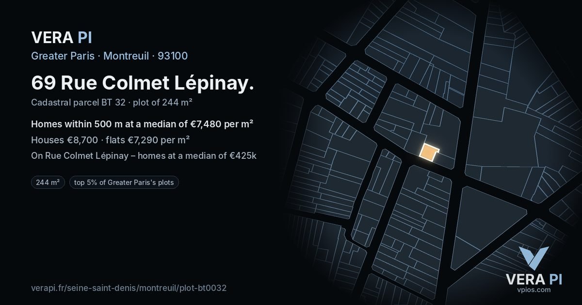 69 Rue Colmet Lépinay, Montreuil at night – the plot lit, the parcels around coloured by the prices near them