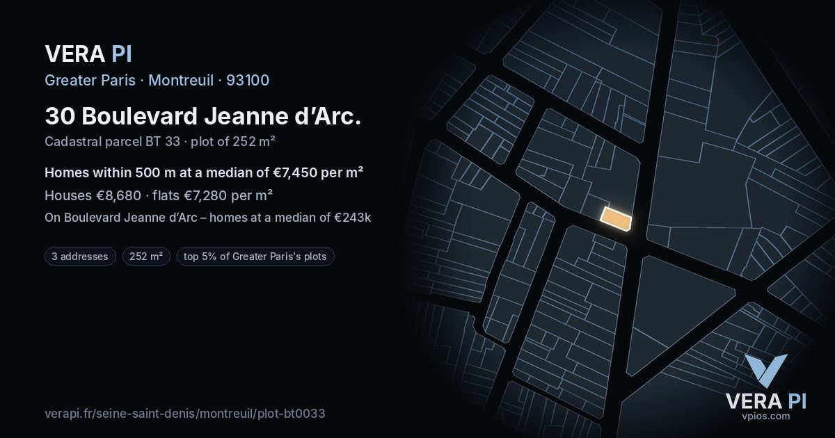 30 Boulevard Jeanne d’Arc, Montreuil at night – the plot lit, the parcels around coloured by the prices near them