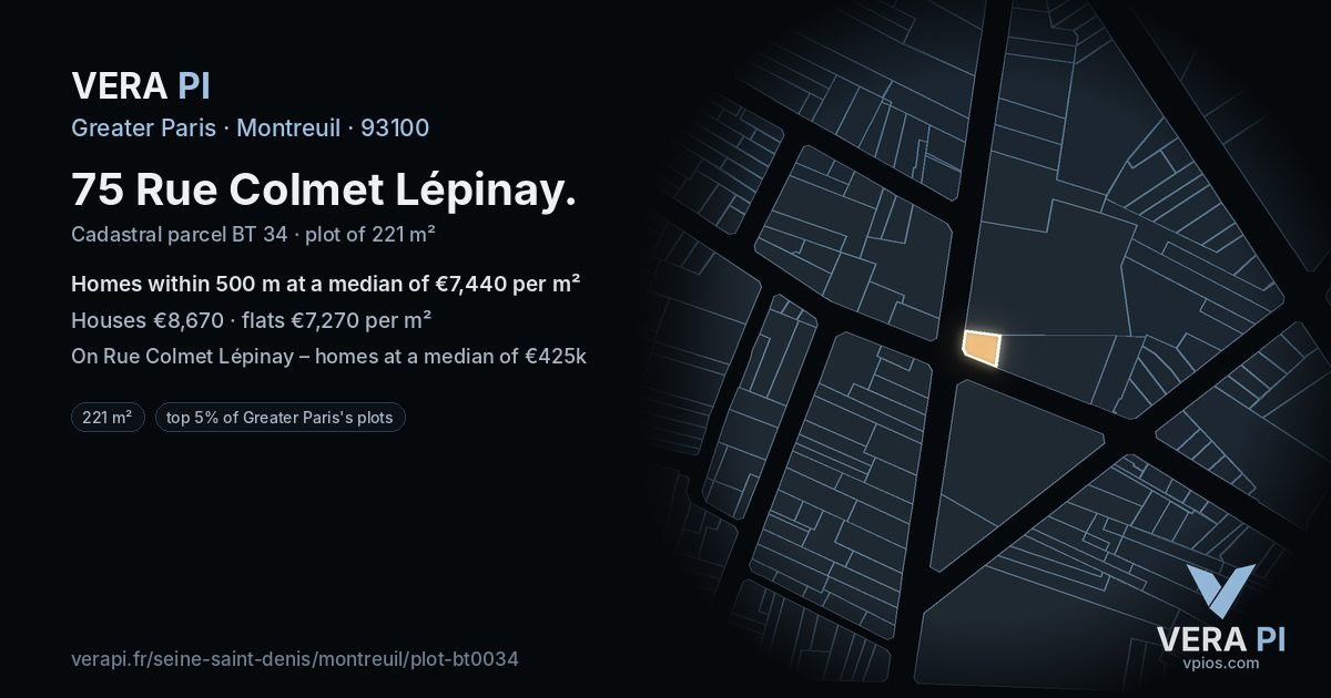 75 Rue Colmet Lépinay, Montreuil at night – the plot lit, the parcels around coloured by the prices near them