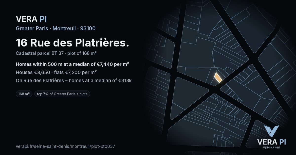 16 Rue des Platrières, Montreuil at night – the plot lit, the parcels around coloured by the prices near them