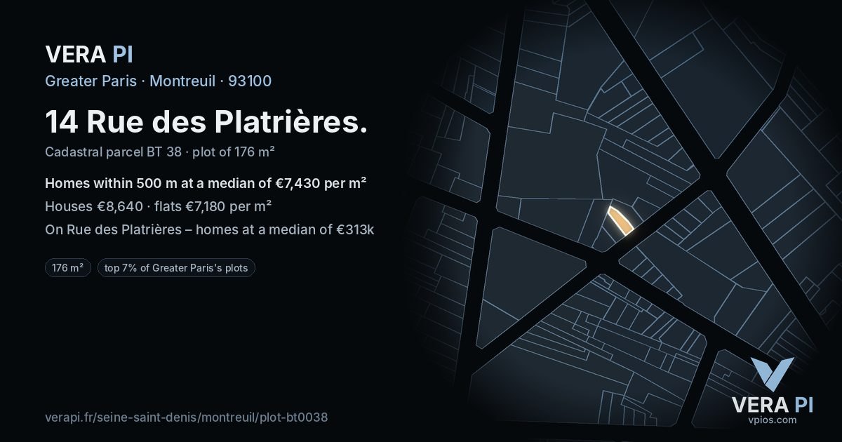 14 Rue des Platrières, Montreuil at night – the plot lit, the parcels around coloured by the prices near them