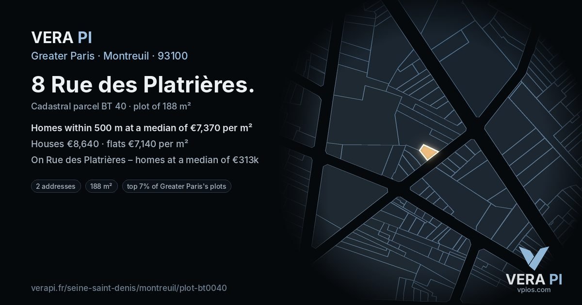 8 Rue des Platrières, Montreuil at night – the plot lit, the parcels around coloured by the prices near them