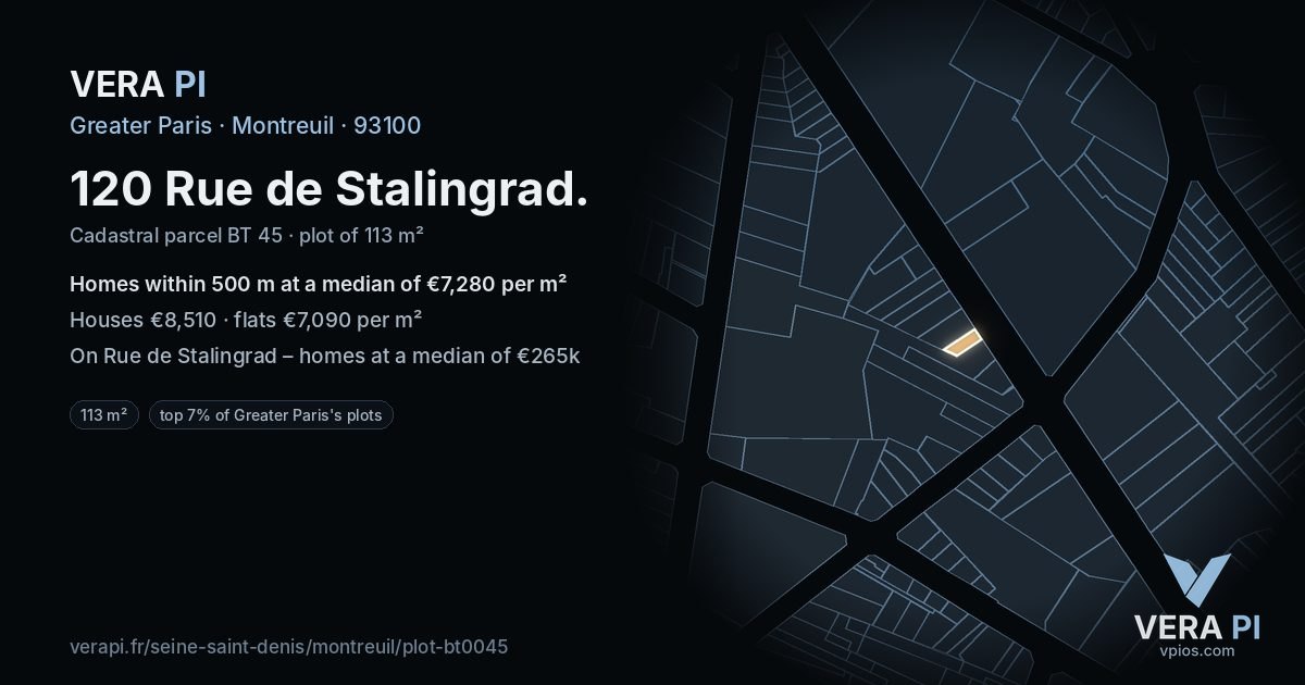 120 Rue de Stalingrad, Montreuil at night – the plot lit, the parcels around coloured by the prices near them