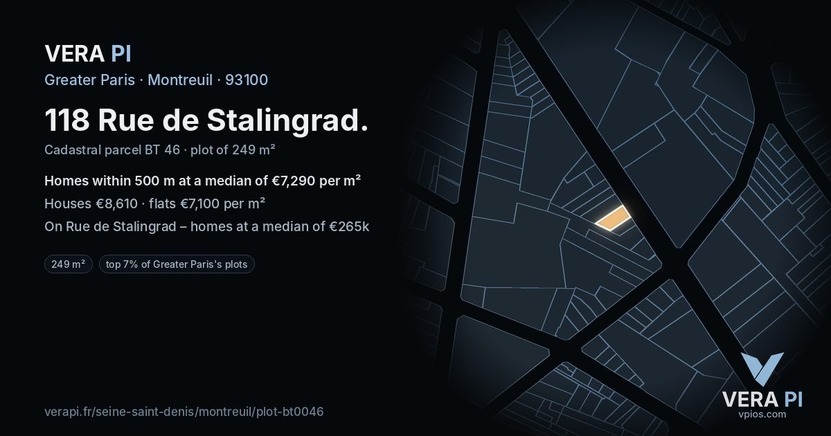 118 Rue de Stalingrad, Montreuil at night – the plot lit, the parcels around coloured by the prices near them