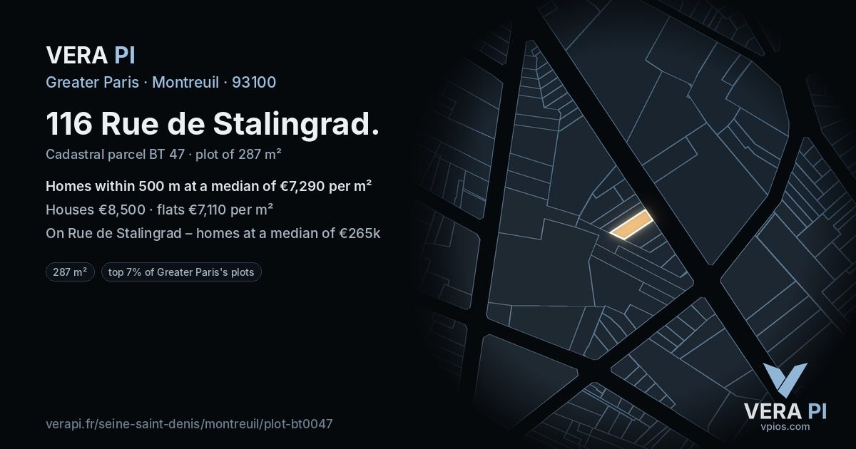 116 Rue de Stalingrad, Montreuil at night – the plot lit, the parcels around coloured by the prices near them