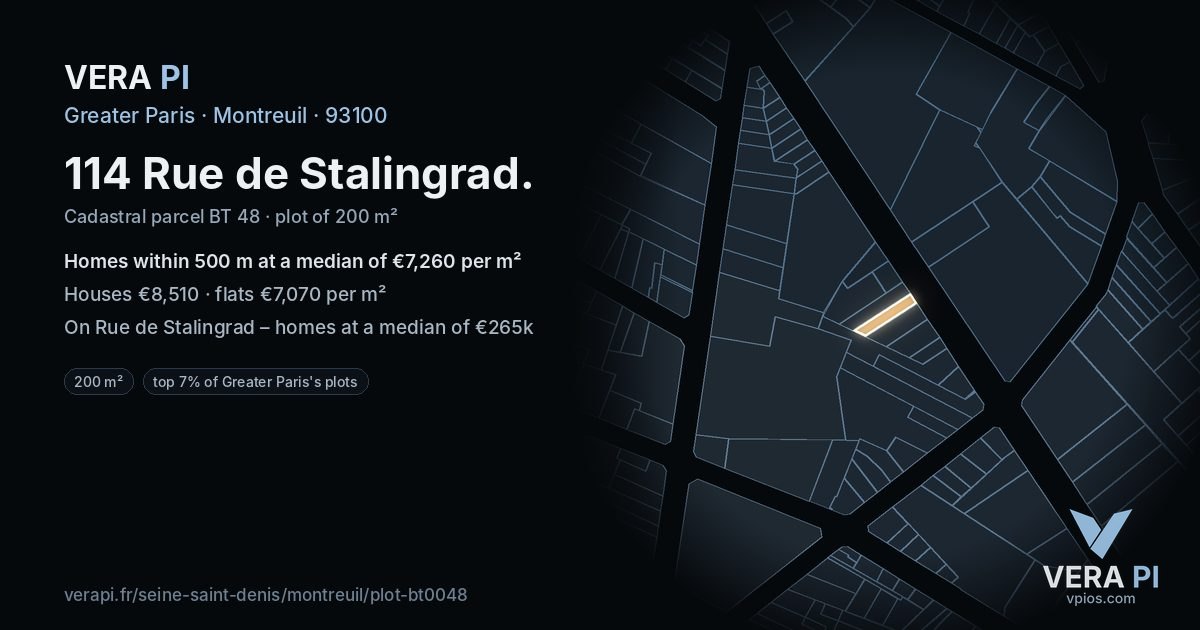 114 Rue de Stalingrad, Montreuil at night – the plot lit, the parcels around coloured by the prices near them