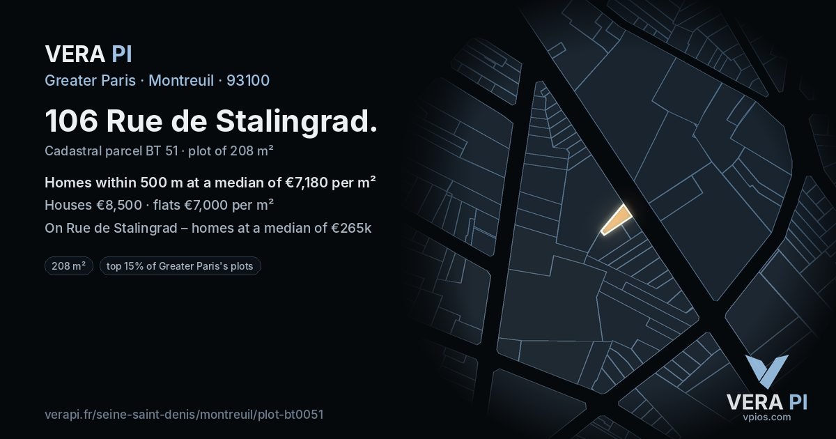 106 Rue de Stalingrad, Montreuil at night – the plot lit, the parcels around coloured by the prices near them