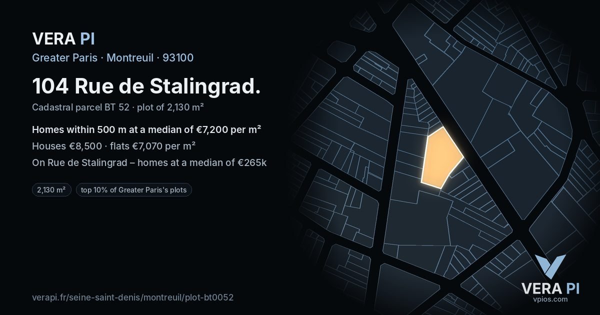 104 Rue de Stalingrad, Montreuil at night – the plot lit, the parcels around coloured by the prices near them