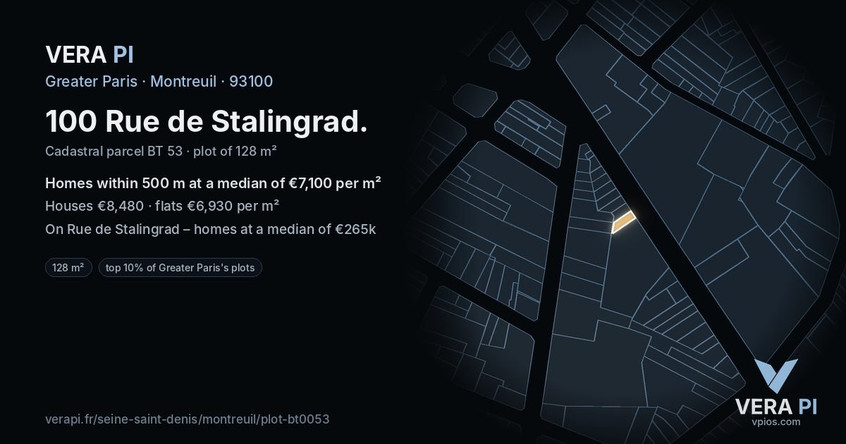 100 Rue de Stalingrad, Montreuil at night – the plot lit, the parcels around coloured by the prices near them