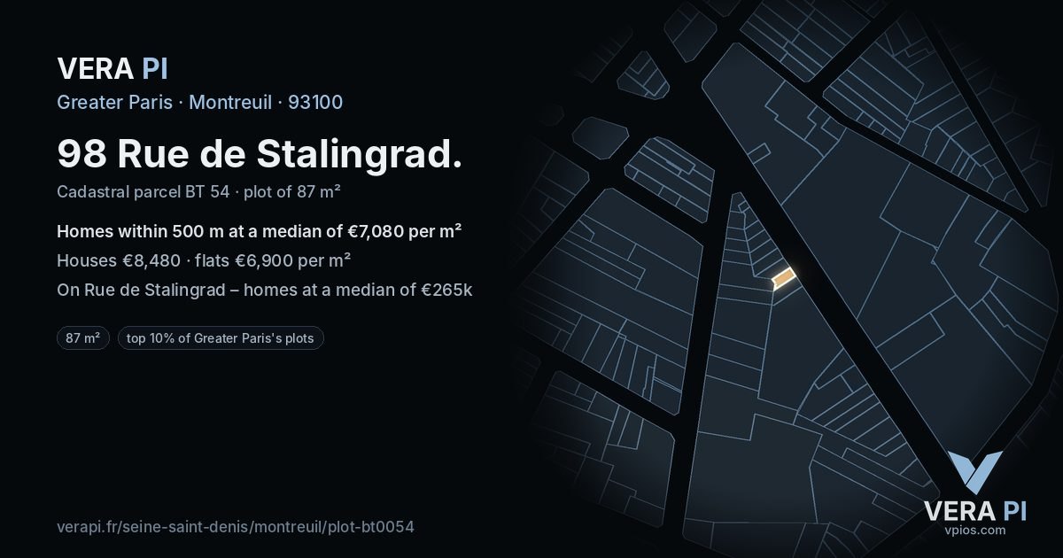 98 Rue de Stalingrad, Montreuil at night – the plot lit, the parcels around coloured by the prices near them