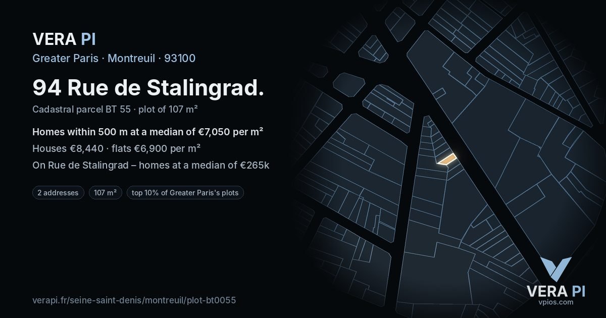 94 Rue de Stalingrad, Montreuil at night – the plot lit, the parcels around coloured by the prices near them