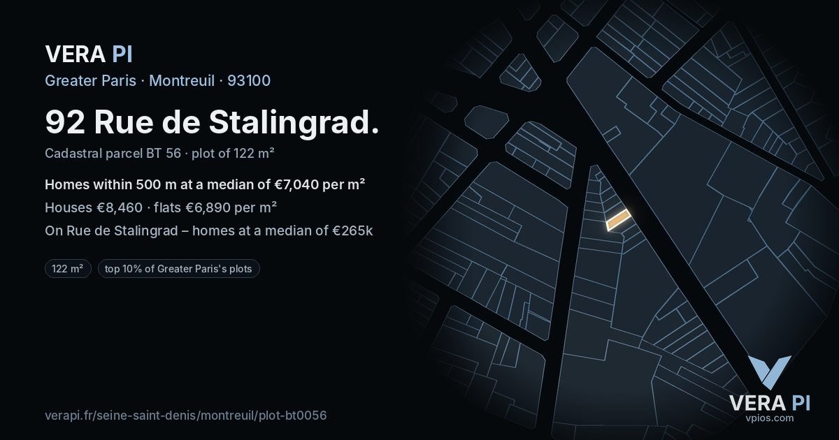 92 Rue de Stalingrad, Montreuil at night – the plot lit, the parcels around coloured by the prices near them