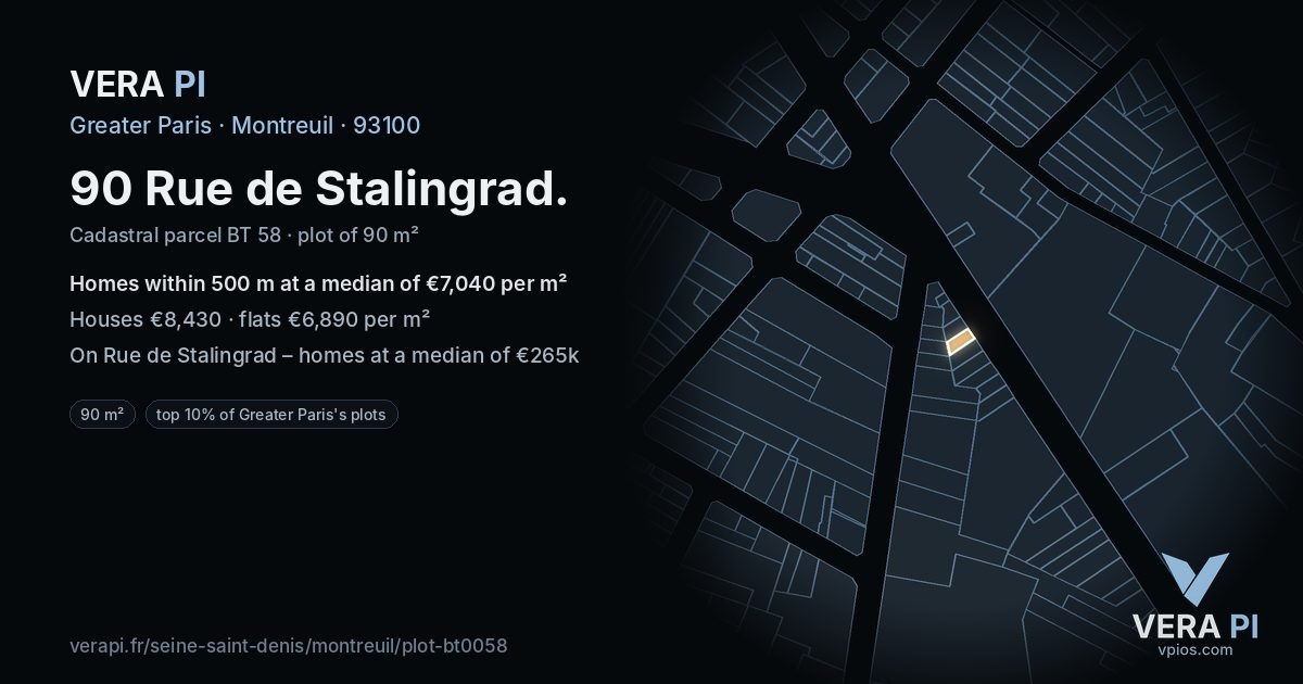 90 Rue de Stalingrad, Montreuil at night – the plot lit, the parcels around coloured by the prices near them