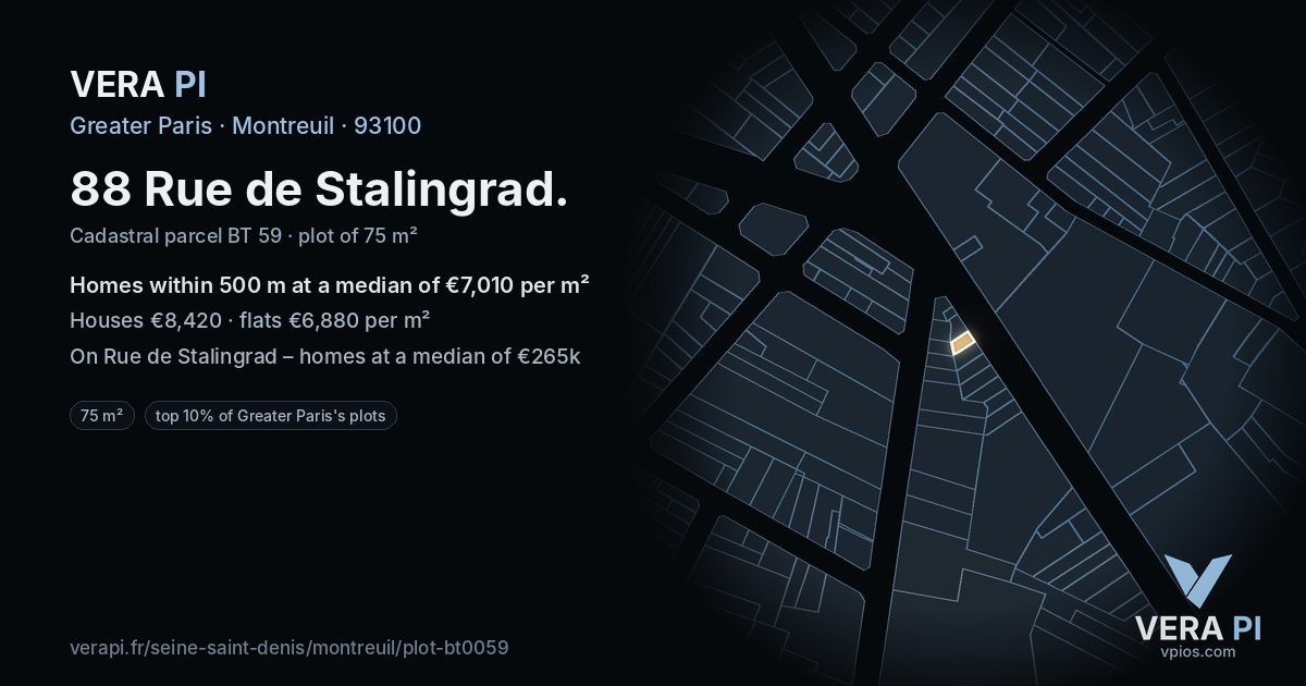 88 Rue de Stalingrad, Montreuil at night – the plot lit, the parcels around coloured by the prices near them