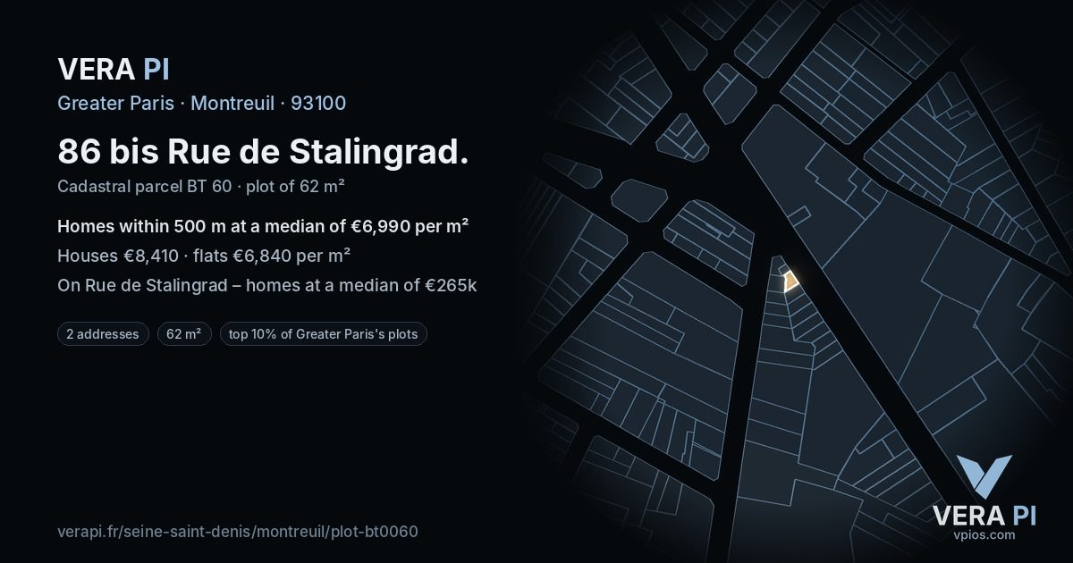 86 bis Rue de Stalingrad, Montreuil at night – the plot lit, the parcels around coloured by the prices near them