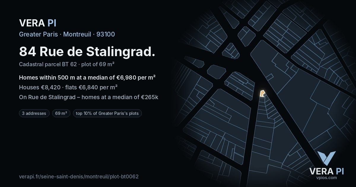 84 Rue de Stalingrad, Montreuil at night – the plot lit, the parcels around coloured by the prices near them