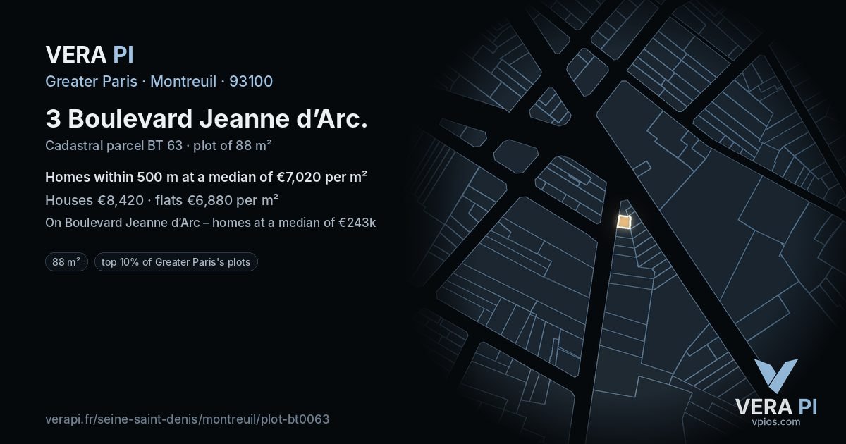 3 Boulevard Jeanne d’Arc, Montreuil at night – the plot lit, the parcels around coloured by the prices near them