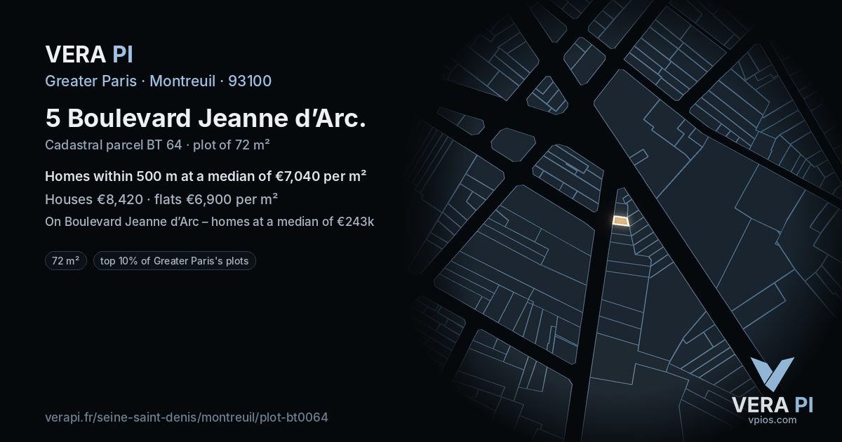 5 Boulevard Jeanne d’Arc, Montreuil at night – the plot lit, the parcels around coloured by the prices near them