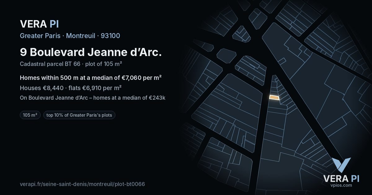 9 Boulevard Jeanne d’Arc, Montreuil at night – the plot lit, the parcels around coloured by the prices near them