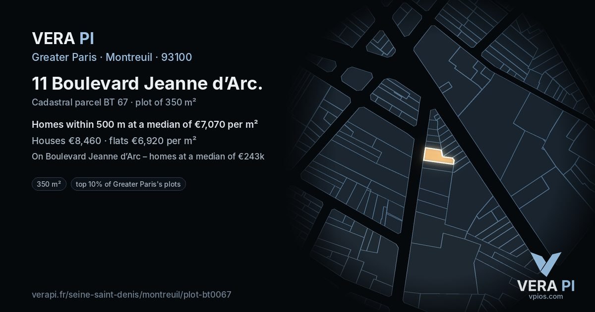11 Boulevard Jeanne d’Arc, Montreuil at night – the plot lit, the parcels around coloured by the prices near them