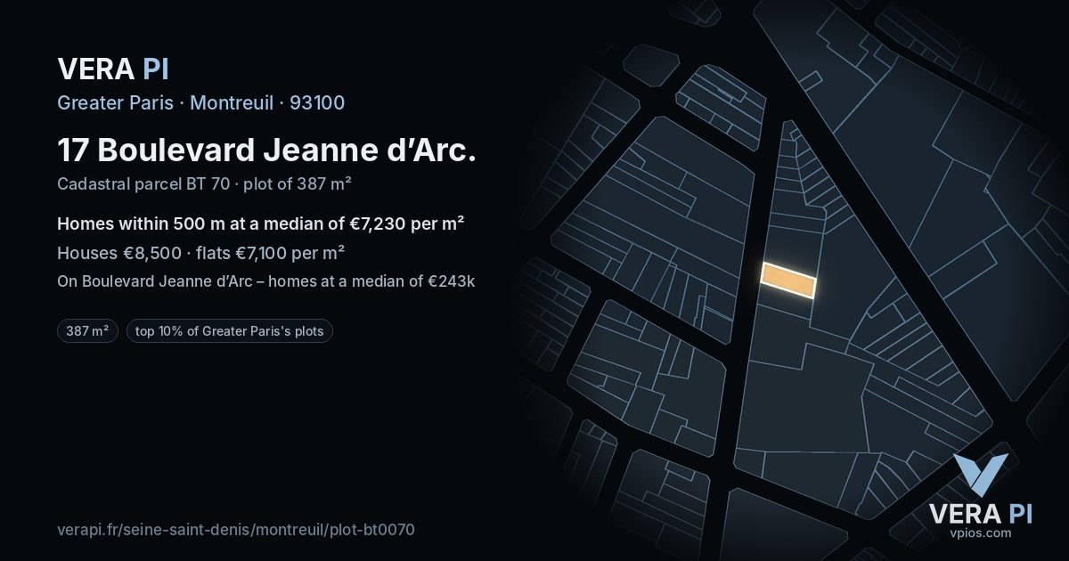 17 Boulevard Jeanne d’Arc, Montreuil at night – the plot lit, the parcels around coloured by the prices near them