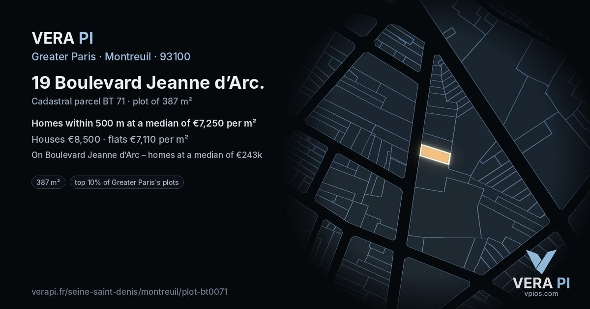 19 Boulevard Jeanne d’Arc, Montreuil at night – the plot lit, the parcels around coloured by the prices near them