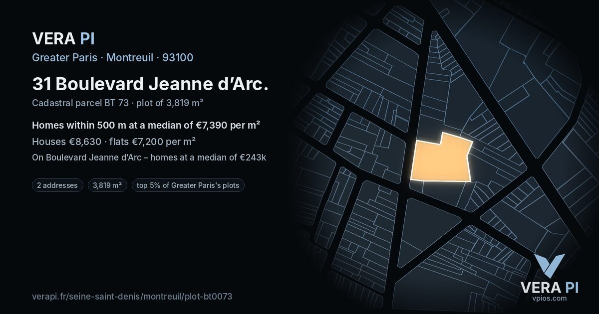 31 Boulevard Jeanne d’Arc, Montreuil at night – the plot lit, the parcels around coloured by the prices near them