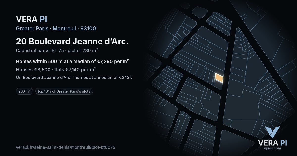 20 Boulevard Jeanne d’Arc, Montreuil at night – the plot lit, the parcels around coloured by the prices near them