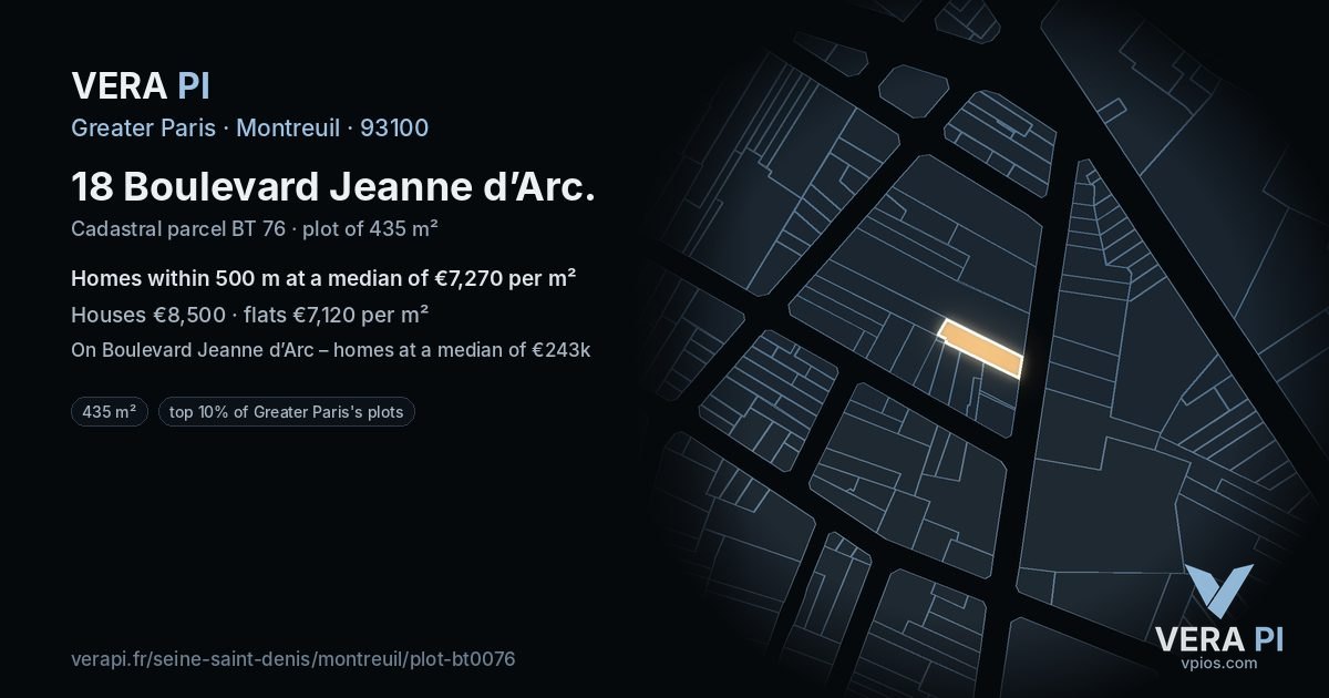 18 Boulevard Jeanne d’Arc, Montreuil at night – the plot lit, the parcels around coloured by the prices near them