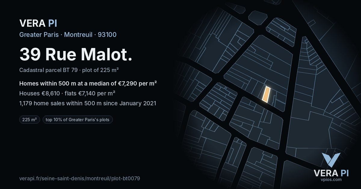 39 Rue Malot, Montreuil at night – the plot lit, the parcels around coloured by the prices near them