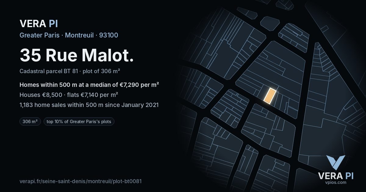 35 Rue Malot, Montreuil at night – the plot lit, the parcels around coloured by the prices near them