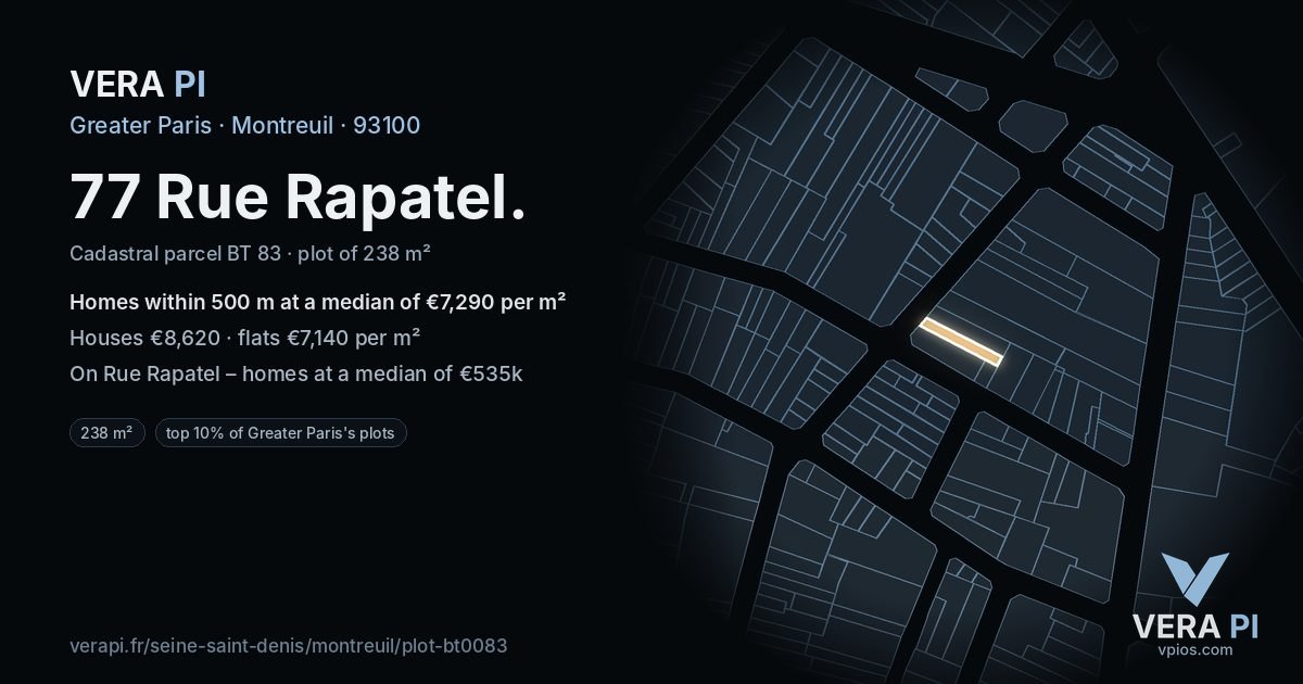 77 Rue Rapatel, Montreuil at night – the plot lit, the parcels around coloured by the prices near them